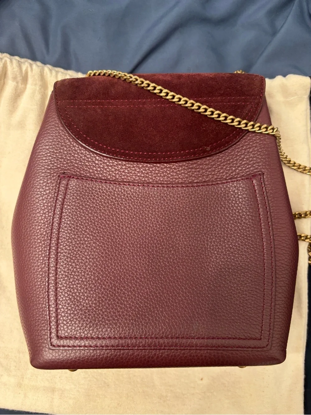 Polene Numero Un crossbody bag in burgundy leather and suede with gold hardware